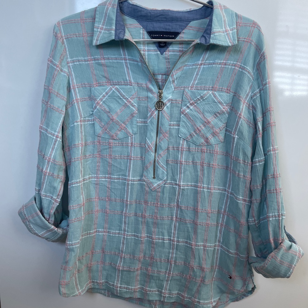 Tommy Hilfiger Light Blue and Pink Plaid Shirt